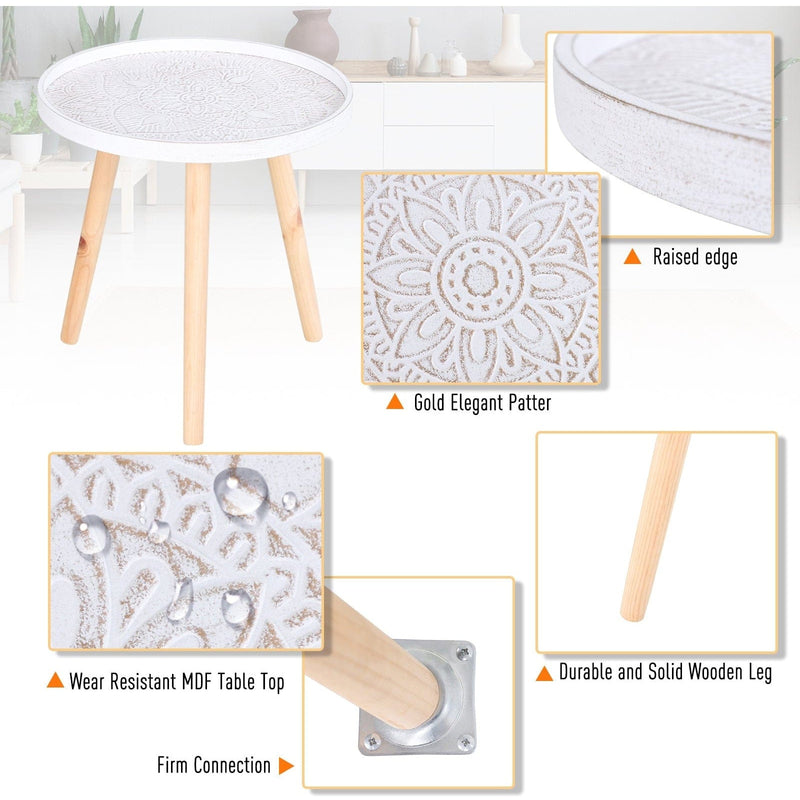 Flower Etched Side Table with Saucer Top, Wood Legs, White