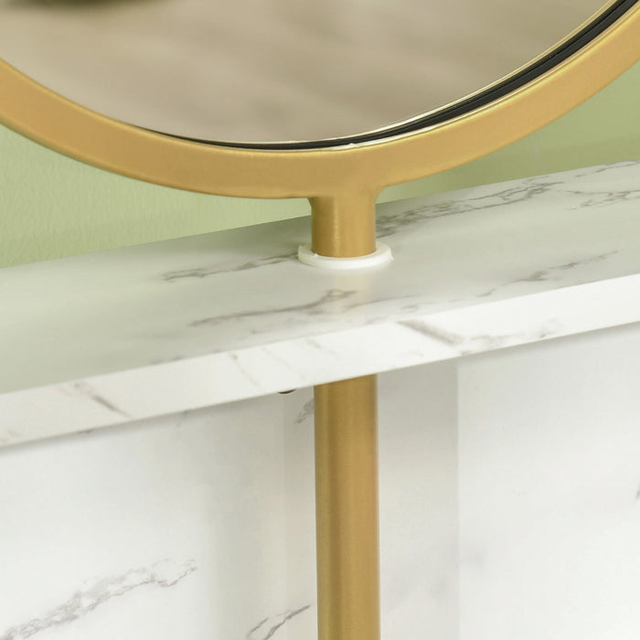 Dressing Table With Round Mirror, Gold Frame, Marble Effect