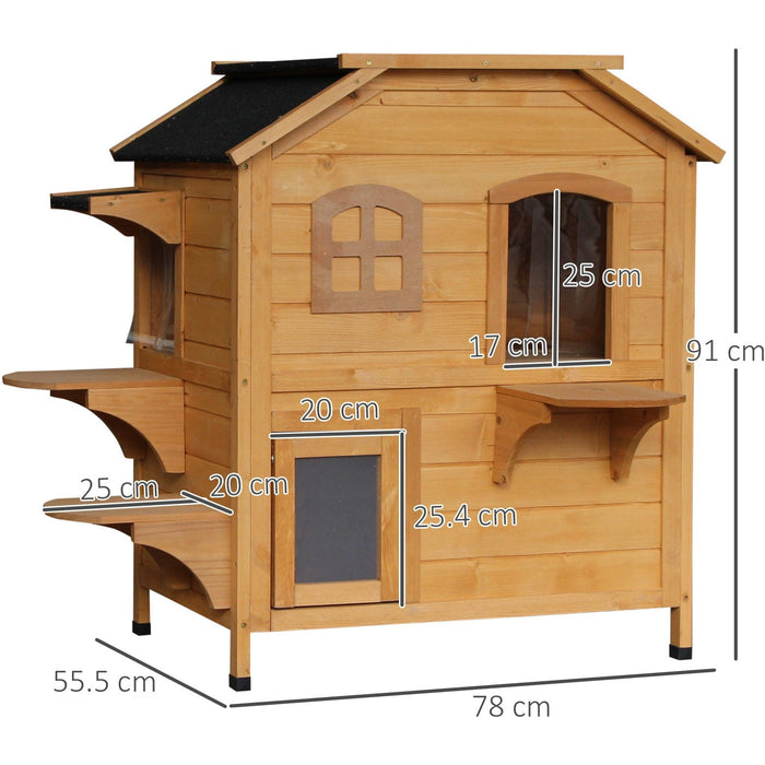 PawHut Two-Floor Wooden Cat House, Natural