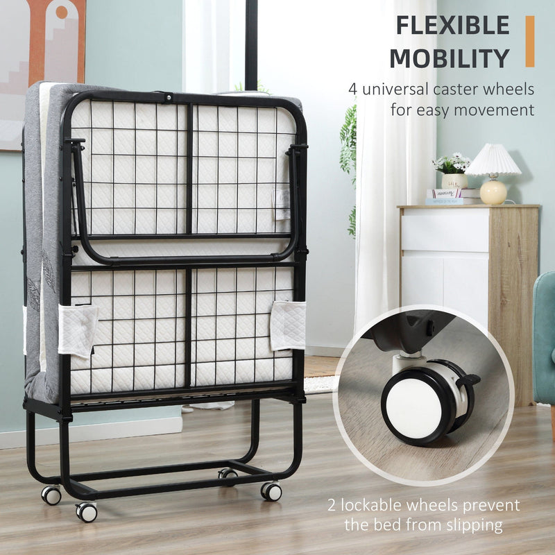 Folding Guest Bed With Mattress, Sturdy Metal Frame, Wheels