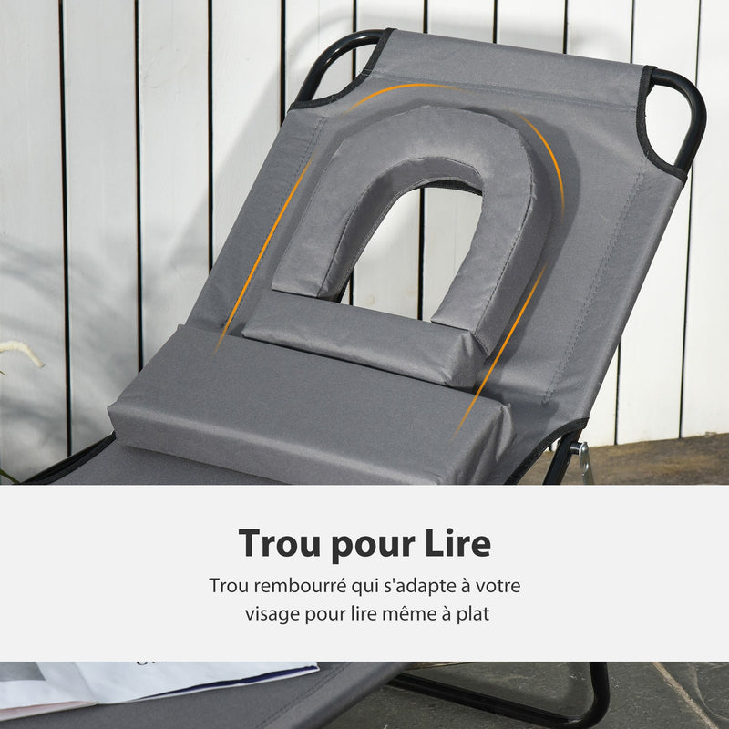 Outsunny Sun Lounger Foldable Reclining Chair with Pillow and Reading Hole Garden Beach Outdoor Recliner Adjustable Grey Outsunny