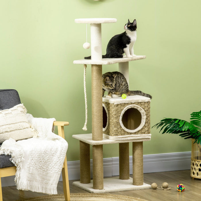 Beige Cat Tower: Activity Centre & Jute Scratching Post