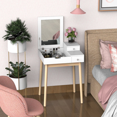 Pine Dressing Table With Flip up Mirror, 2 Drawers, White Homcom