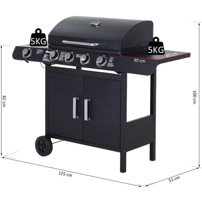 4 Burner Gas BBQ With Side Burner, Trolley with Storage Outsunny