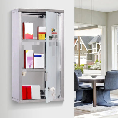 Wall Mounted Medicine Cabinet, Stainless Steel, Lockable Kleankin
