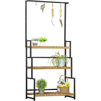 3 Tiered Plant Stand with Hanging Hooks for Indoor/Outdoor Outsunny