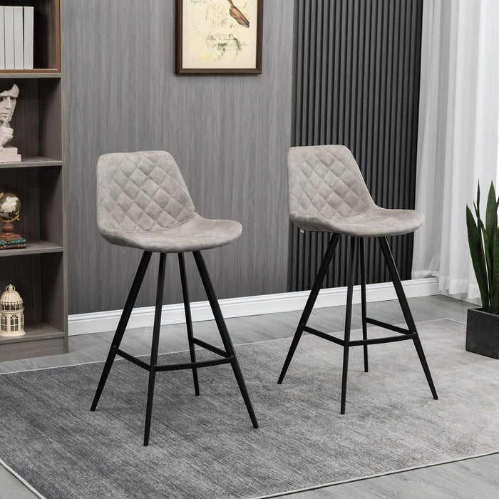 Set of 2 Bar Stools, Microfiber, Quilted, Grey