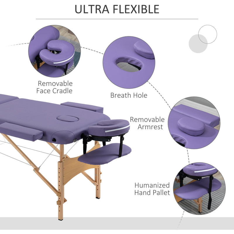 Purple Portable Home Massage Bed, 2 Sections, Wooden Frame