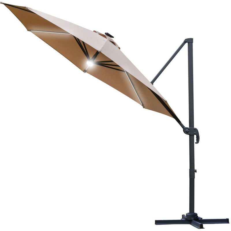Image of a brown cantilever parasol with solar lights