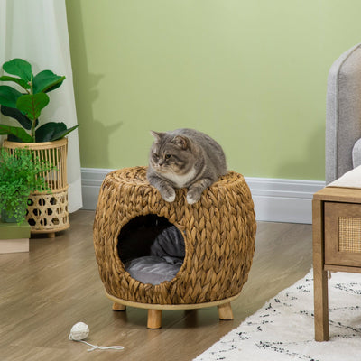 Water Hyacinth Grass Wicker Cat House Stool with Cushion Pawhut