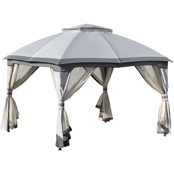 Grey Gazebo With Curtains, Stylish 2 Tier Roof, 3.7x3m