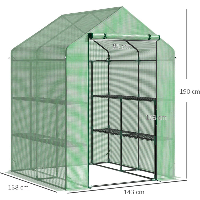 Outdoor Polytunnel Greenhouse, Shelves, 143x138x190cm, Green