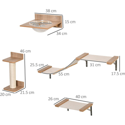 4PC Wall Cat Climbing Shelf, Hammock, Scratch Post, Brown Pawhut