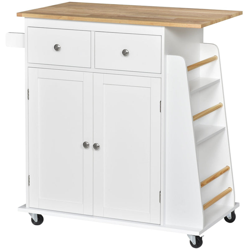Kitchen Island With Spice Rack, White With Rubber Wood Top