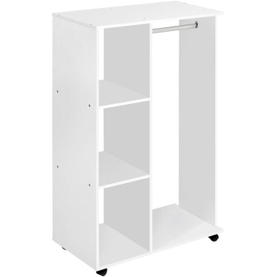 White Open Wardrobe on Wheels With Hanging Rail and Shelves Homcom