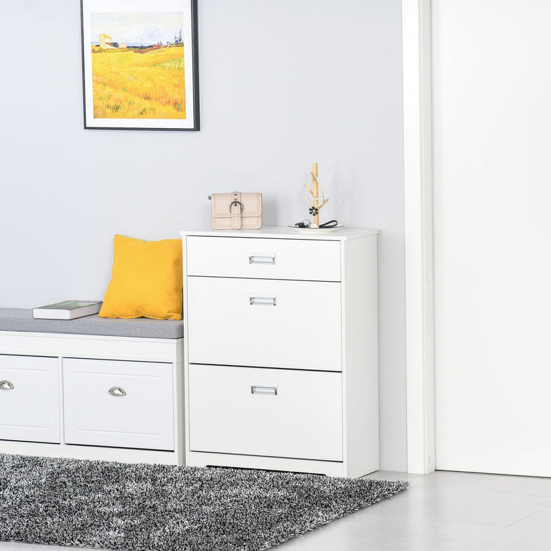White Narrow Tipping Shoe Cabinet With Drawer