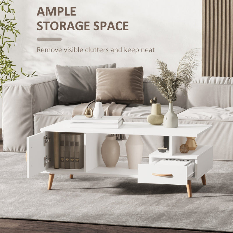 Modern Coffee Table With Storage Shelf and Drawers - White