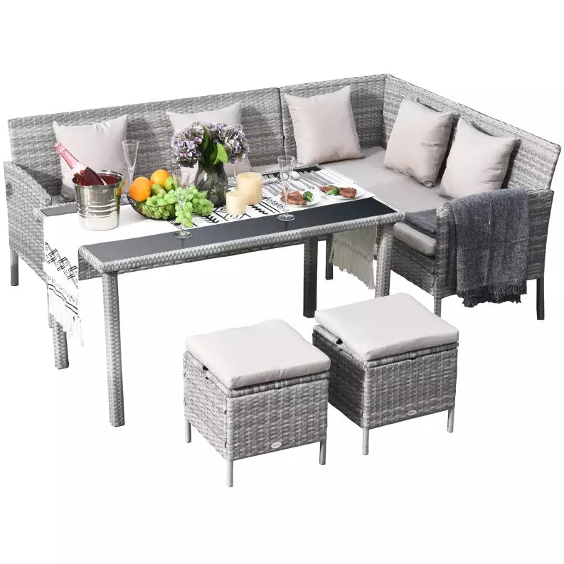 Stylish 6 Seat Garden Dining Set, Corner Sofa, Table & Stools Outsunny
