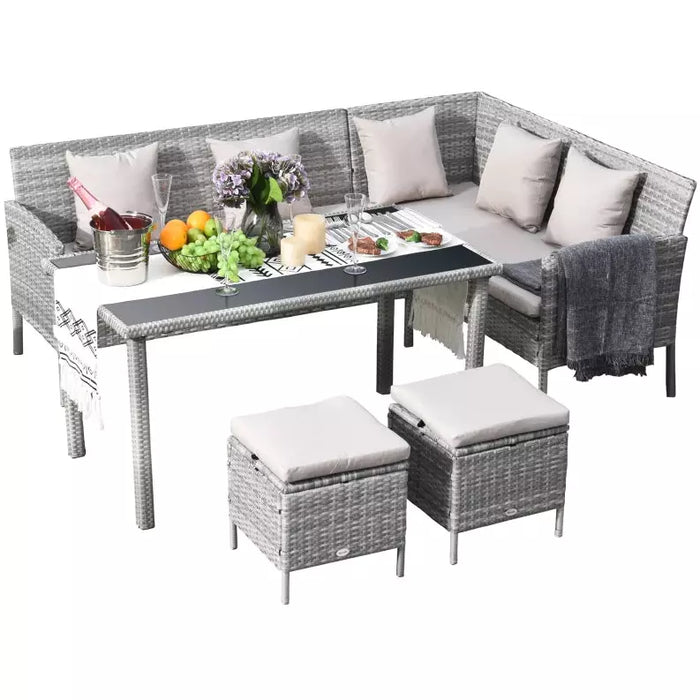 Stylish 6 Seat Garden Dining Set, Corner Sofa, Table & Stools