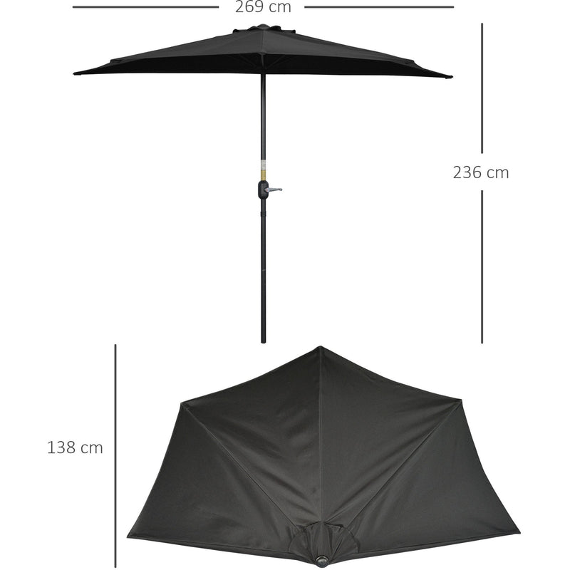 Outsunny 2.7m Balcony Half Parasol 5 Steel Ribs Construction Garden Outdoor Umbrella Black Outsunny