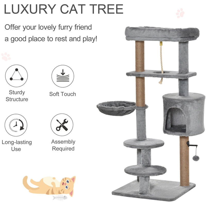 Grey Cat Tree, Climbing Centre, Jute Post, Hammock, 120cm