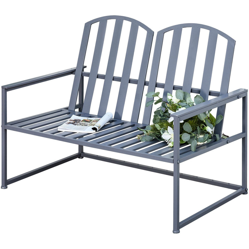 Outsunny Garden Bench Loveseat 2 Seat Chair for Outdoor Park, Yard, Steel Frame, Decorative Slatted Design, Grey Outsunny