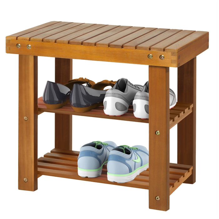 3 Tier Wooden Shoe Bench, Acacia Wood, Teak