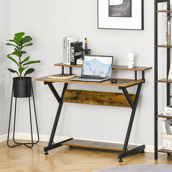 R Shape Compact Desk with Monitor Shelf, Brown