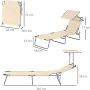 Outsunny Reclining Chair Sun Lounger Folding Lounger Seat with Sun Shade Awning Beach Garden Outdoor Patio Recliner Adjustable (Beige) Outsunny