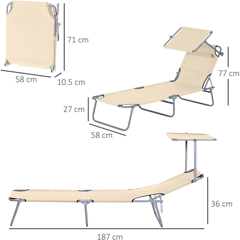 Outsunny Reclining Chair Sun Lounger Folding Lounger Seat with Sun Shade Awning Beach Garden Outdoor Patio Recliner Adjustable (Beige) Outsunny