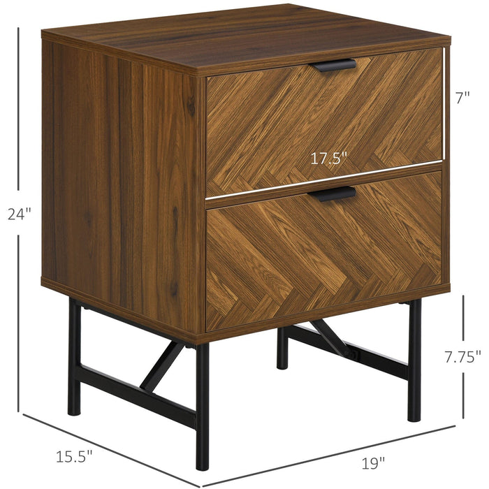 Walnut 2 Drawer Side Cabinet, Herringbone Pattern, For Home