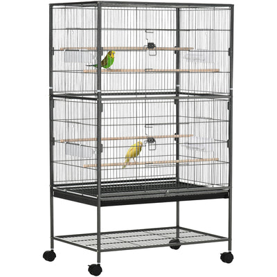 Large Bird Cage with Rolling Stand, Dark Grey Pawhut
