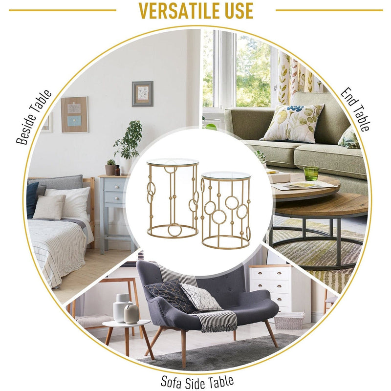 Set of 2 Gold Round Coffee Tables, Tempered Glass