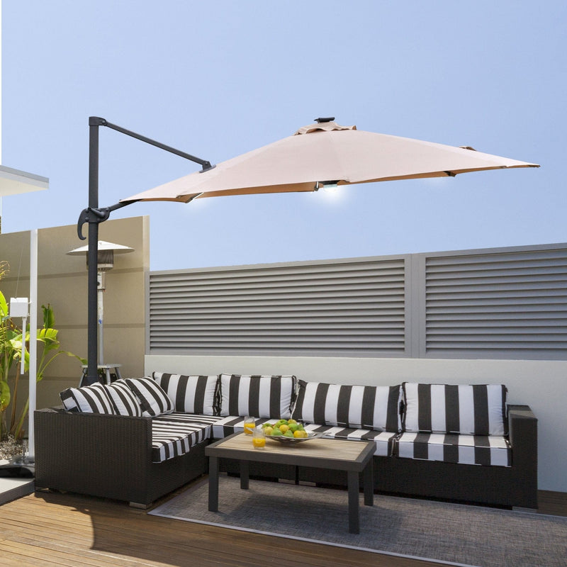 Image of a brown cantilever parasol with solar lights