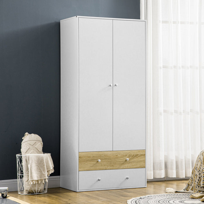 White 2-Door Wardrobe with Drawers & Hanging Rod