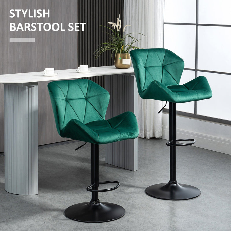 Set of 2 Kitchen Bar Stools With Backs, Green Velvet