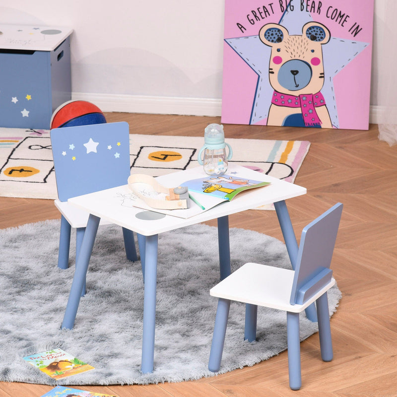Kids Table and Chairs Set 3 Pieces 1 Table 2 Chairs Toddler Wooden Multi-usage Easy Assembly Star Image Ornament Blue and White