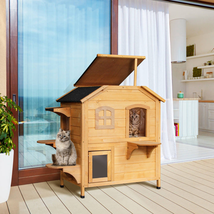 PawHut Two-Floor Wooden Cat House, Natural
