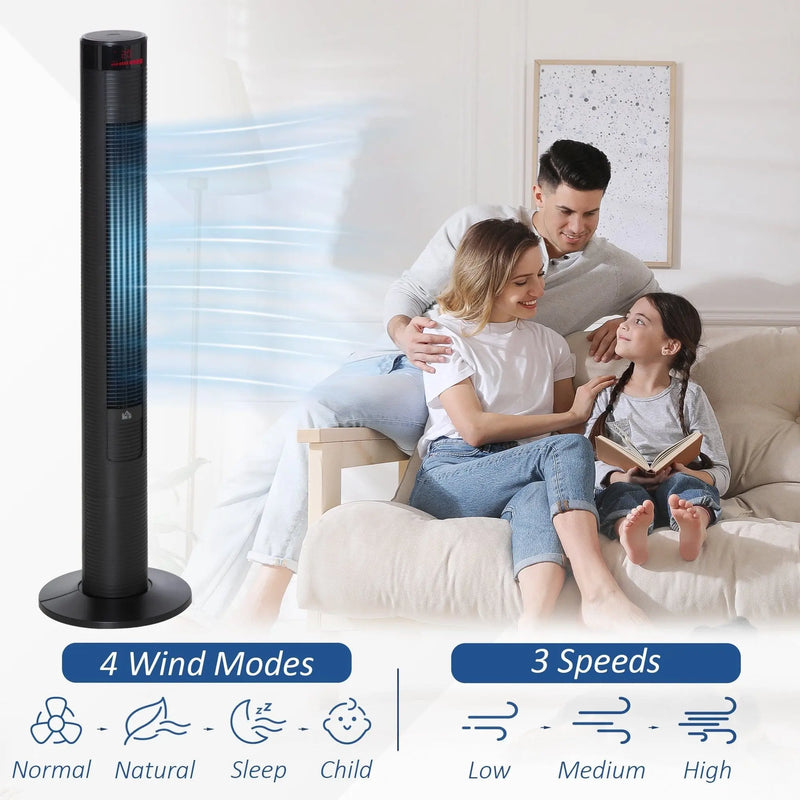 46" Oscillating Tower Fan, 3 Speed, Remote, 12h Timer, Black Homcom