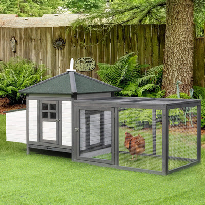 Chicken House With Run, Nesting Box, 196x76x97cm, Grey Pawhut