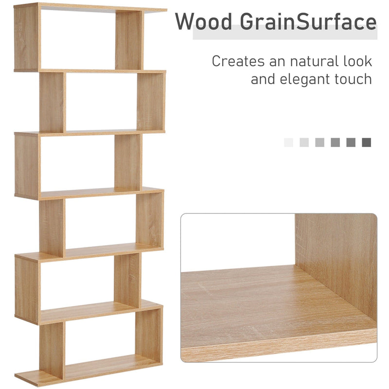 Wooden S Shape Storage Display, 6 Shelves, Room Divider