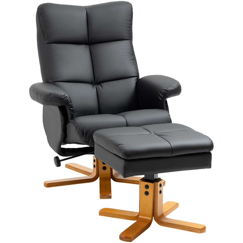 Black Leather Recliner Chair & Stool with Storage