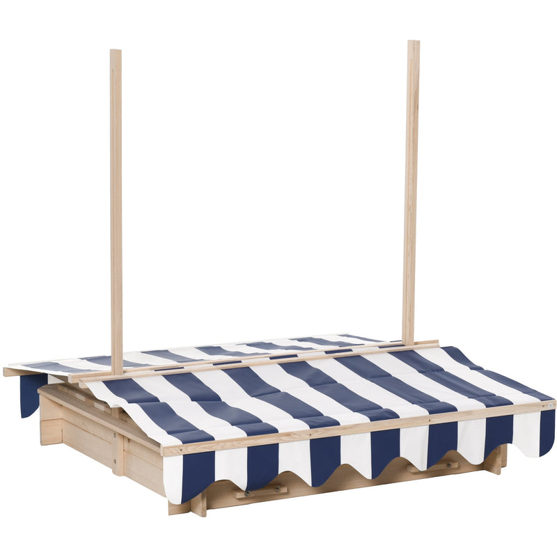 Wooden Sandpit with Adjustable Canopy and Benches for Shaded Outdoor Play Natural Blue White Outsunny