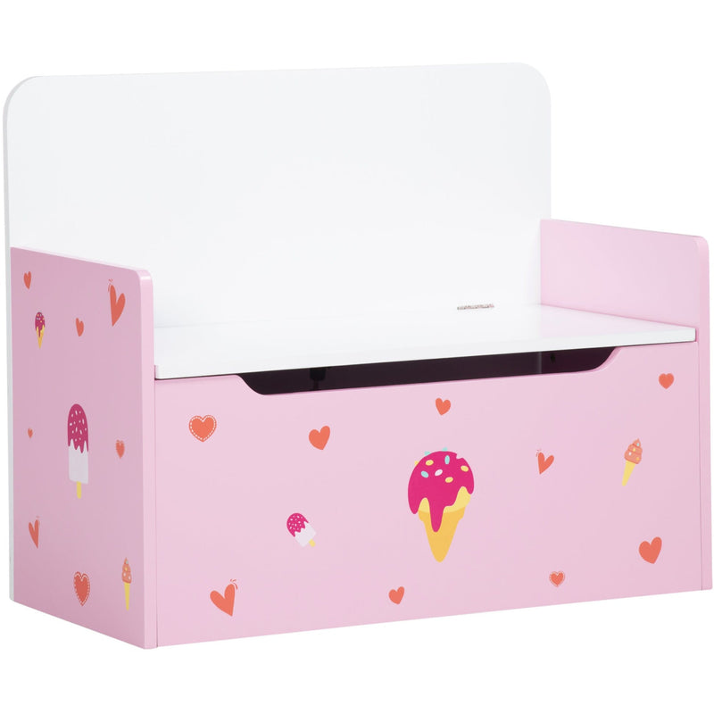 2-IN-1 Wooden Toy Box: Pink Cute Pattern, Safety Rod