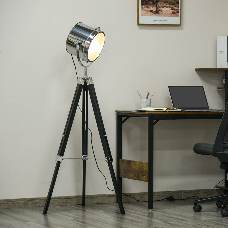 Black Tripod Floor Lamp with Wooden Legs & Steel Shade