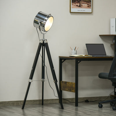 Black Tripod Floor Lamp with Wooden Legs & Steel Shade Homcom