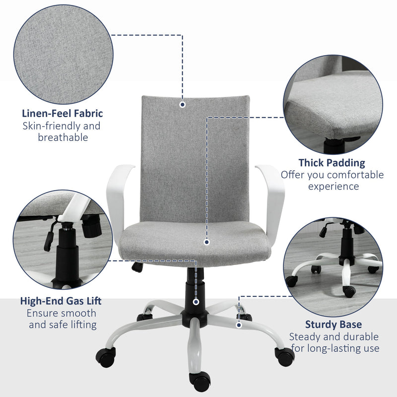 Light Grey Linen Swivel Office Chair, Adjustable with Arm