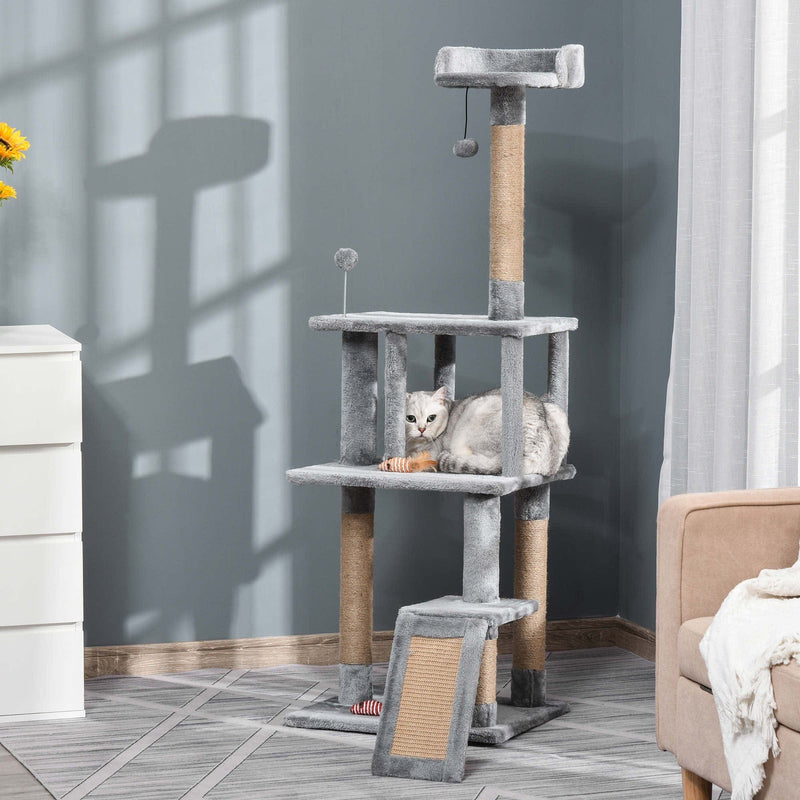 142cm Cat Tree, Climbing Centre, Jute Post, Condo, Grey