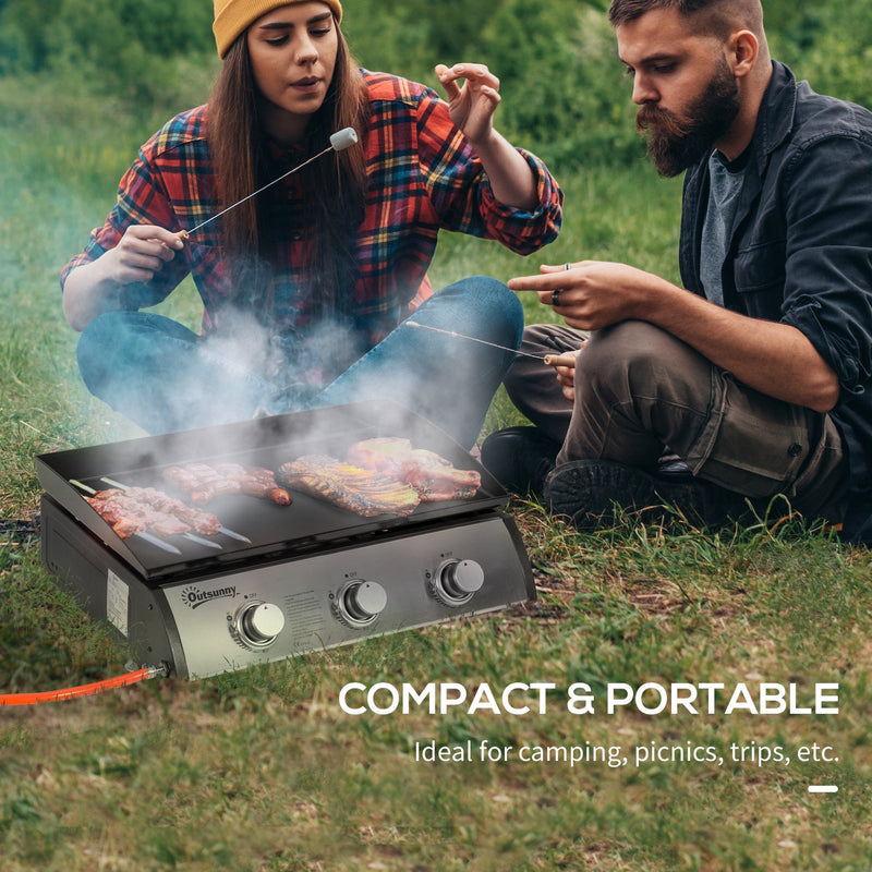 Outsunny Gas Plancha Grill with 3 Stainless Steel Burner, 9kW, Portable Tabletop Gas BBQ w/Non-Stick Griddle for Camping Picnic Garden Party Festival Outsunny
