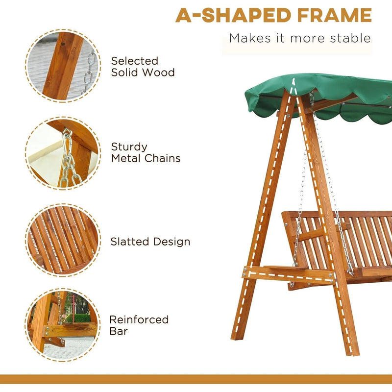 3 Seater Wooden Garden Swing Chair Bench, Green Outsunny